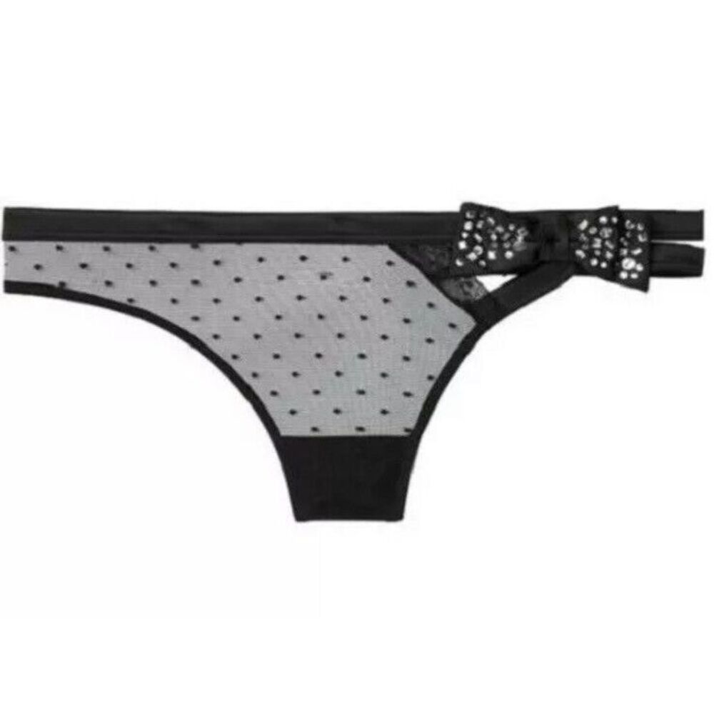 Victoria's Secret Luxe Dream Angels‎ Sheer Mesh Rhinestones Bow Thong Sz S Black